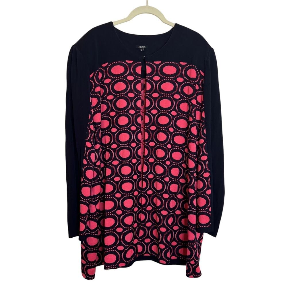 Misook Womens Knit Cardigan Jacket 1X Black Pink Geometric Pattern Long Sleeve